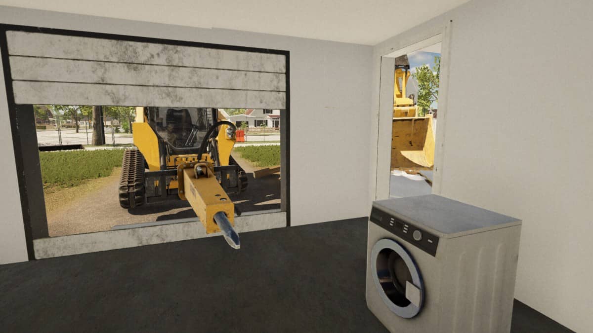 A digger smashing through a garage wall in a high-impact demolition scene featured in our review.