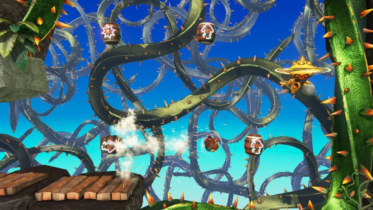 Donkey Kong Bananza channels classic DK energy with lush vines and precision barrel trajectory setups in a retro-style cave.