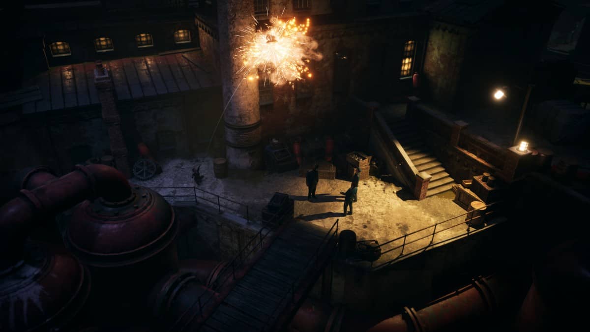 Hanna disables a streetlight with a spark-filled explosion at night, drawing police attention in Eriksholm’s dark cityscape.