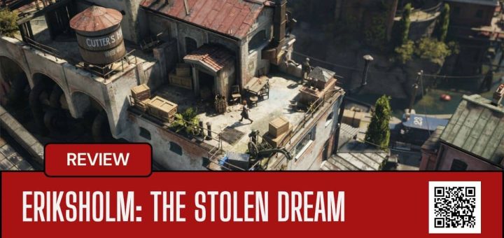 Hanna navigating the rooftops above a bustling Eriksholm cityscape, highlighting stealth and story elements.