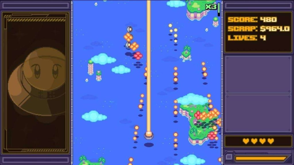Ex-Calibre ship battles enemies over lush islands and vivid blue ocean in this shmup review highlight.
