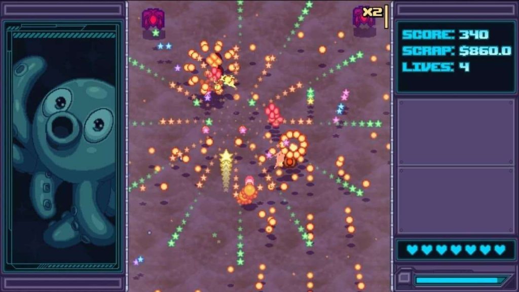 A dense wave of bullets fills the screen in Ex-Calibre’s most intense bullet hell review moment.