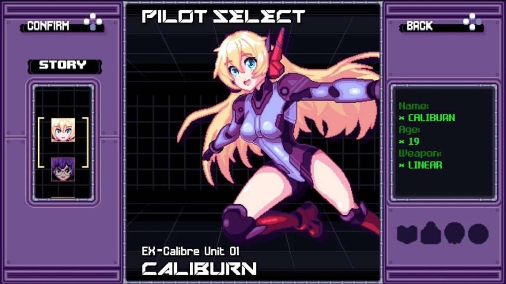 Pilot select screen featuring Caliburn, the cheerful heroine in our Ex-Calibre review UI breakdown.