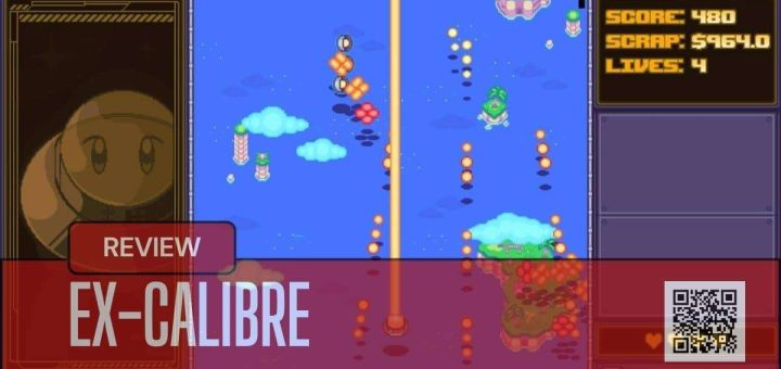 A vibrant Ex-Calibre battle scene with the player’s ship facing incoming enemies on a colorful, chaotic level.