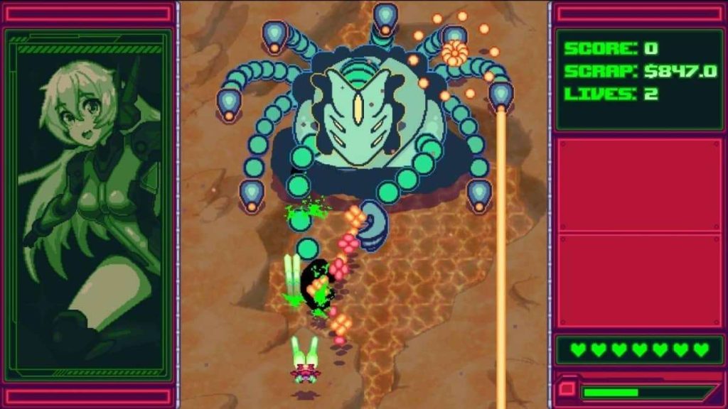 Sea turtle boss unleashes a crushing attack on the player ship in this Ex-Calibre review battle scene.