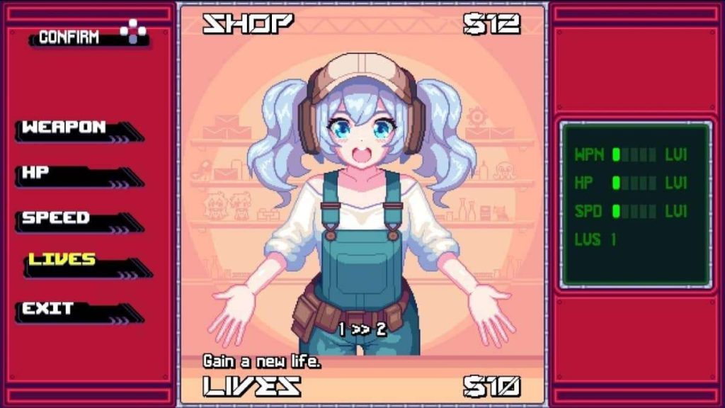 Shopkeeper greets the player in Ex-Calibre’s in-game store during our review breakdown.