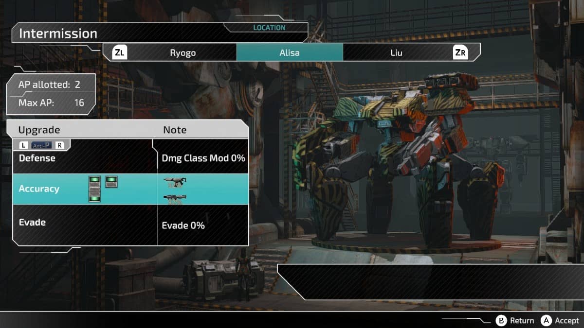 Inside the FRONT MISSION 3 Remake garage, a Wanzer awaits part upgrades and customisation amid the detailed UI interface.
