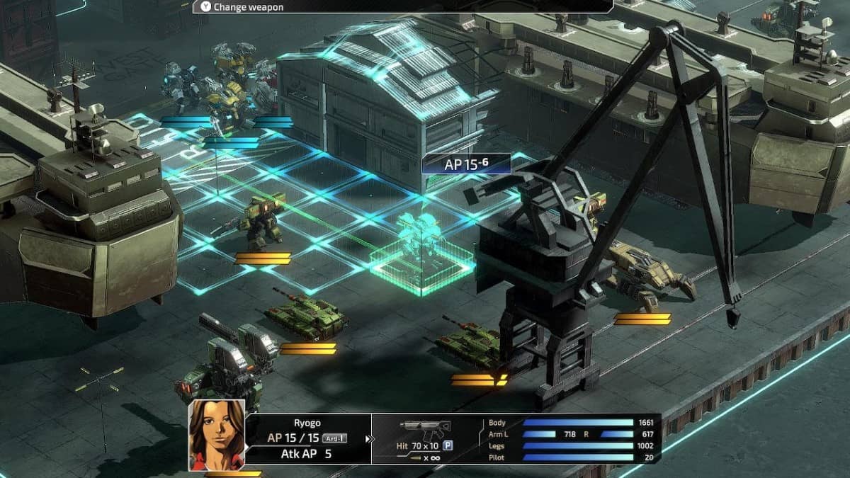 A Wanzer is deployed near the harbour in FRONT MISSION 3 Remake, with the tactical movement grid clearly visible.