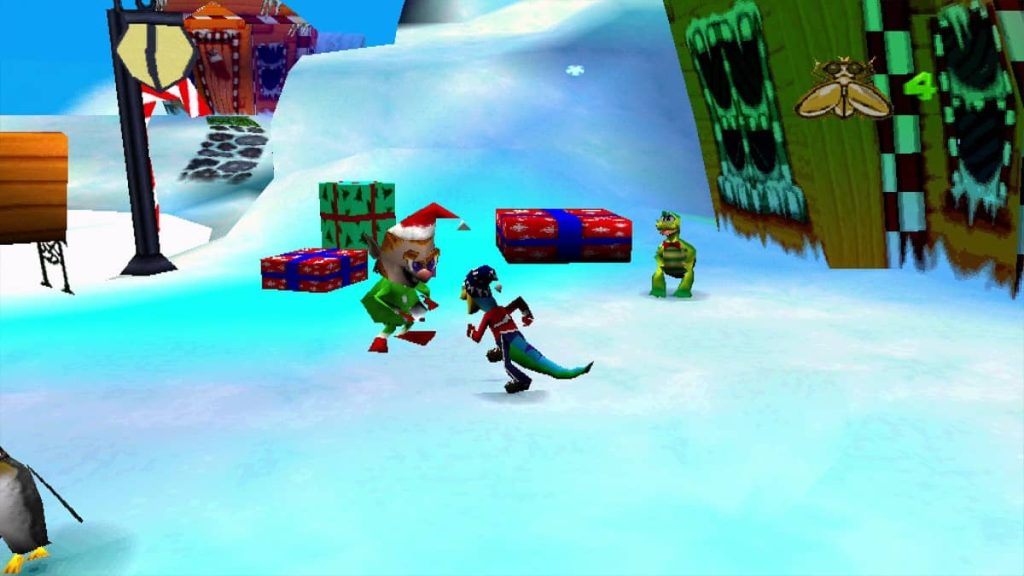 Festive Gex snow scene with gifts and winter gear from Enter the Gecko review.