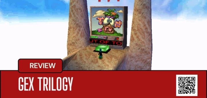 Gex Trilogy level introduction showing Gex poised to activate the large green button.