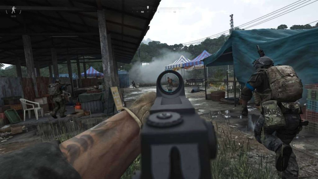 First-person view of a soldier aiming down sights during a firefight in our Gray Zone Warfare review.