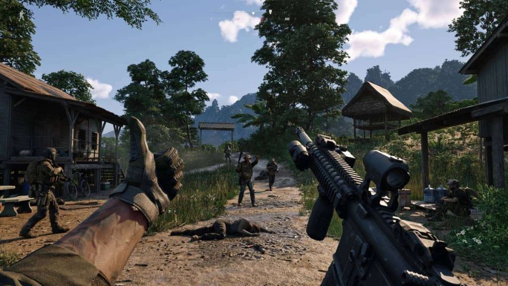 Player gives a thumbs up while armed in a rundown village during our Gray Zone Warfare review.