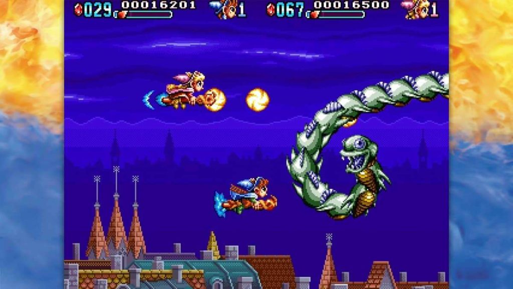 Two-player co-op in Mystic Riders from Irem Collection Volume 3 delivers frantic side-scrolling action.