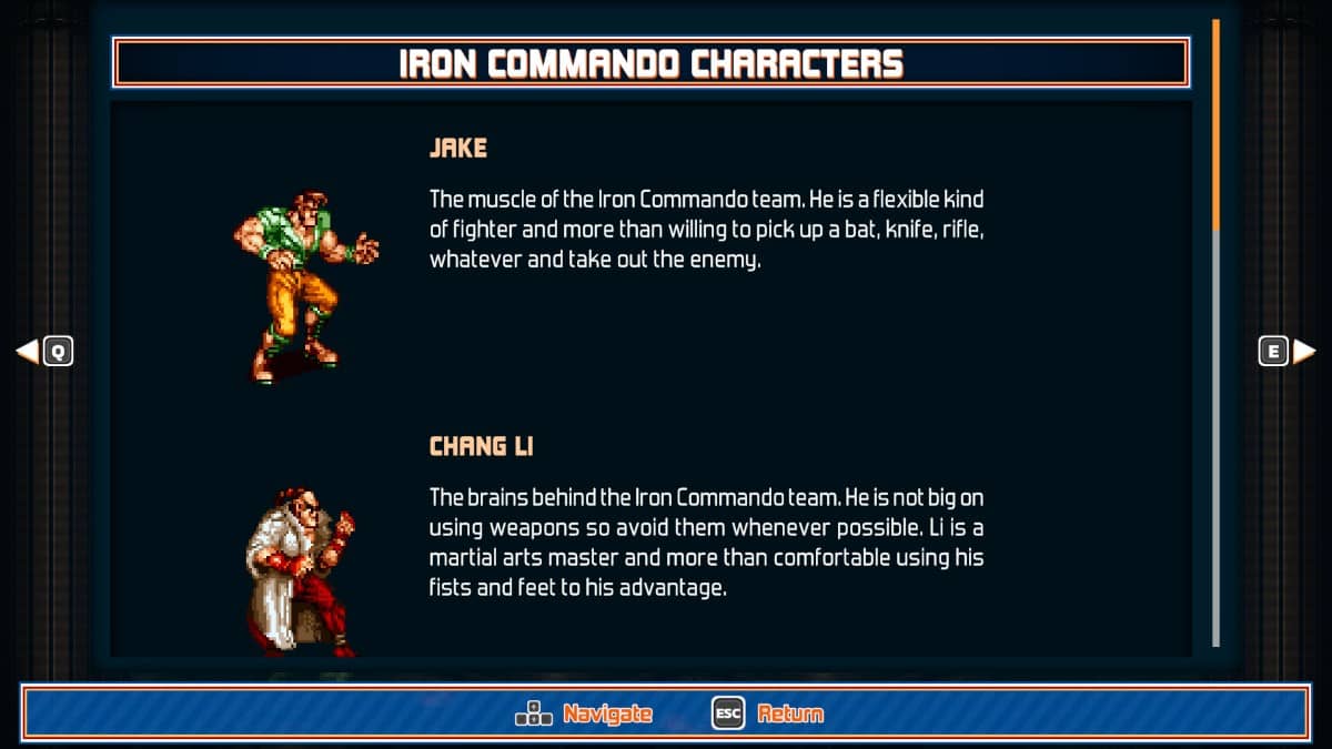 Iron Commando manual UI showing playable character designs featured in our review breakdown.