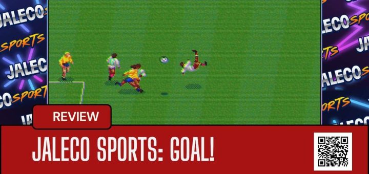 A dynamic overhead kick during open play in Jaleco Sports: Goal! showcasing retro football excitement.