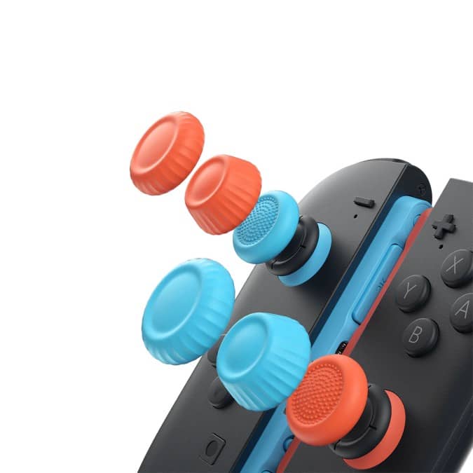 JSAUX Thumb Grips For Nintendo Switch 2 angled to show all three grip sizes beside matching stick colours