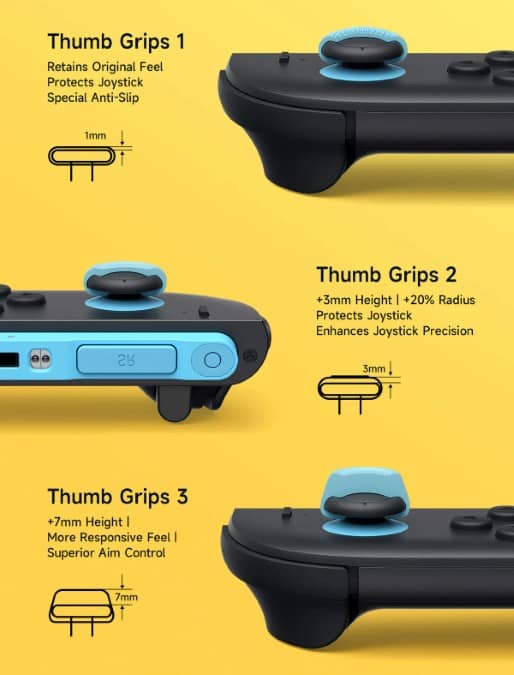 JSAUX Thumb Grips For Nintendo Switch 2 shown on Joycon 2 with each grip size applied and labeled with exact measurements