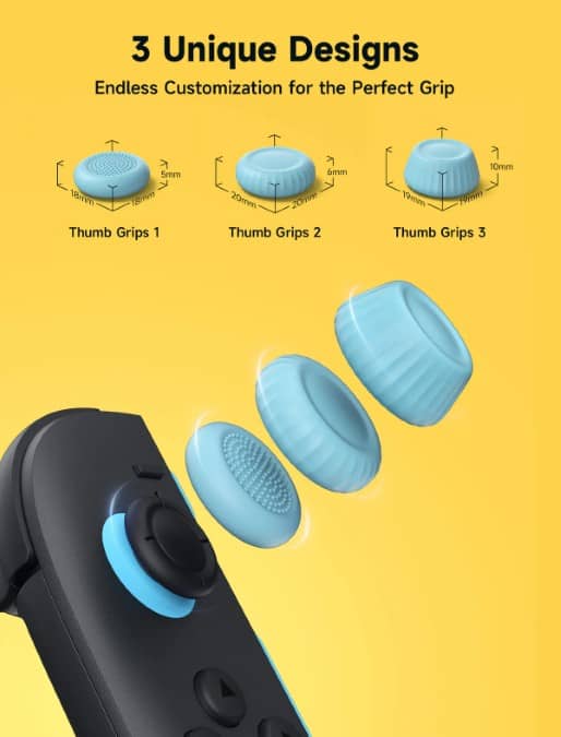 Side-by-side view of three JSAUX Thumb Grips For Nintendo Switch 2 with visible size measurements beside each joystick