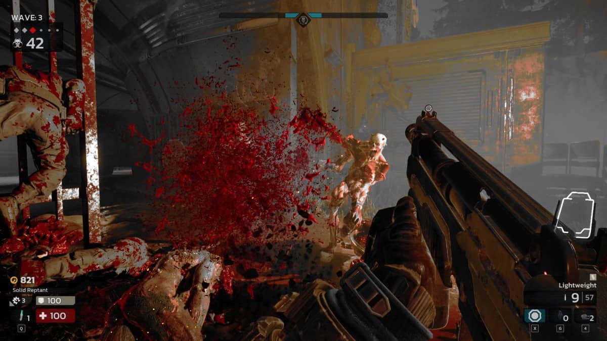 A Killing Floor 3 mutation erupts mid-air in a close-up blast, transforming into a visceral cloud of blood and gore.