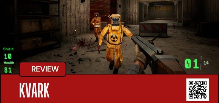 A tense Kvark moment inside a bunker as enemies in hazmat suits rush the player armed with a shotgun.