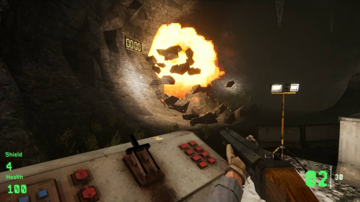 Kvark player activates a control panel triggering a massive explosion across a rugged mountainside terrain.