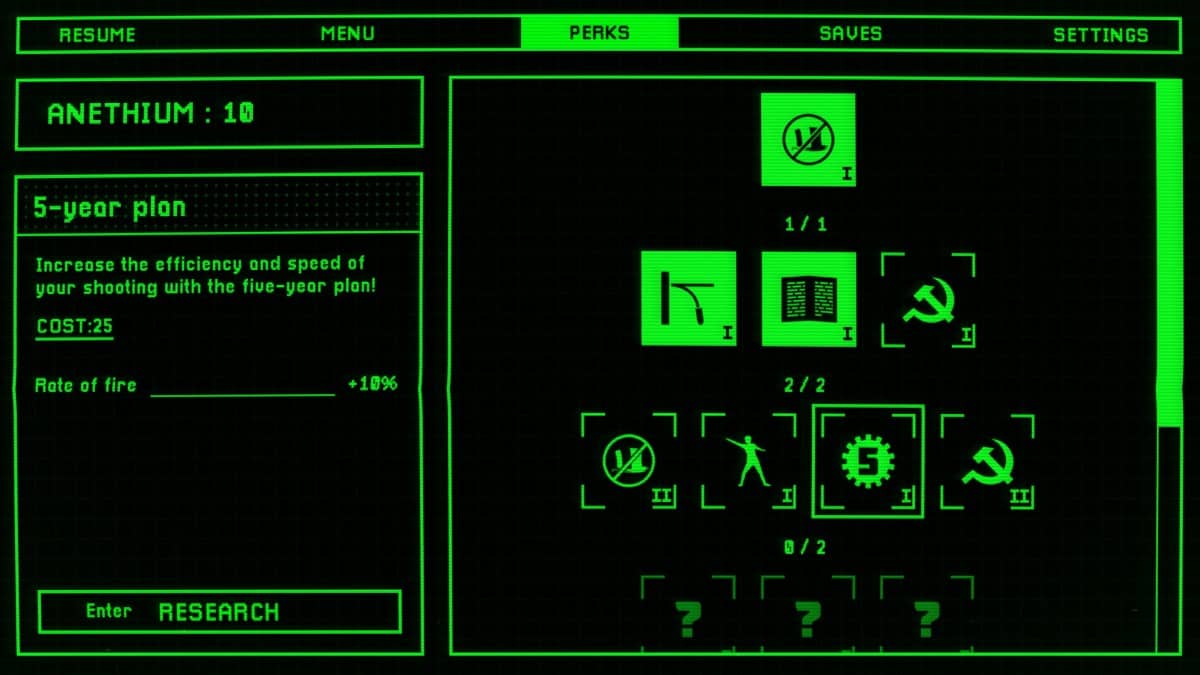 Kvark’s in-game skill tree interface showing green upgrades and icons on a stark black background.