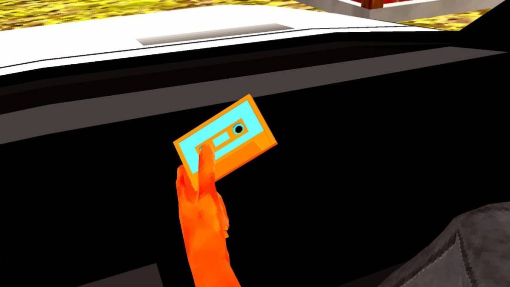 Character holds a vintage cassette while seated in-car, shown during retro feature review.
