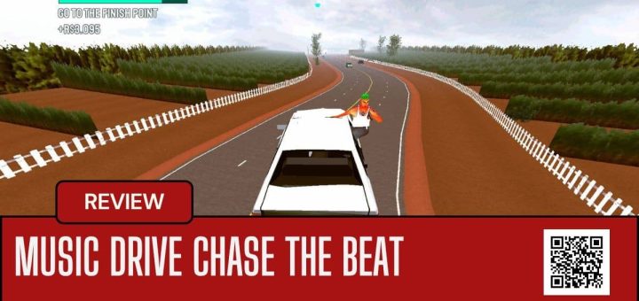 Music Drive Chase The Beat shows an airborne getaway as the Copilot character hangs from the car window mid-jump.