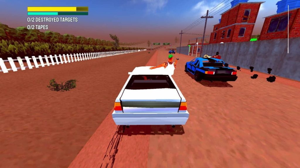 Copilot and enemy exchange gunfire mid-chase, hanging from car windows during shootout sequence shown in review.