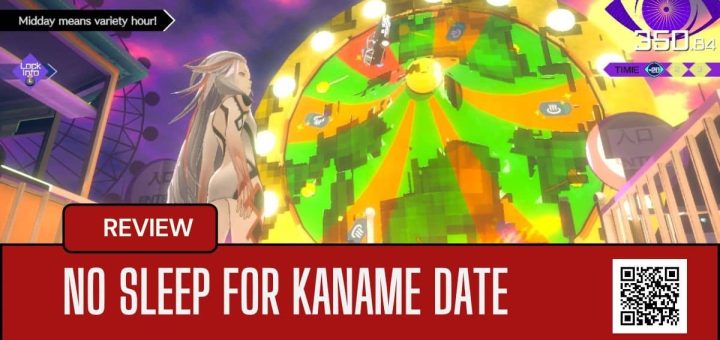 A vibrant carnival scene from No Sleep For Kaname Date featuring neon lights and a spinning wheel encounter.