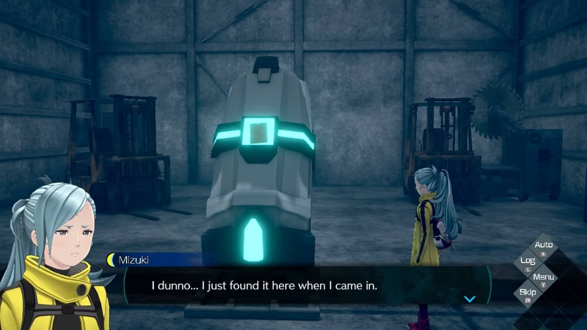 Kaname Date examines a mysterious escape pod in No Sleep For Kaname Date amid a decaying industrial backdrop.