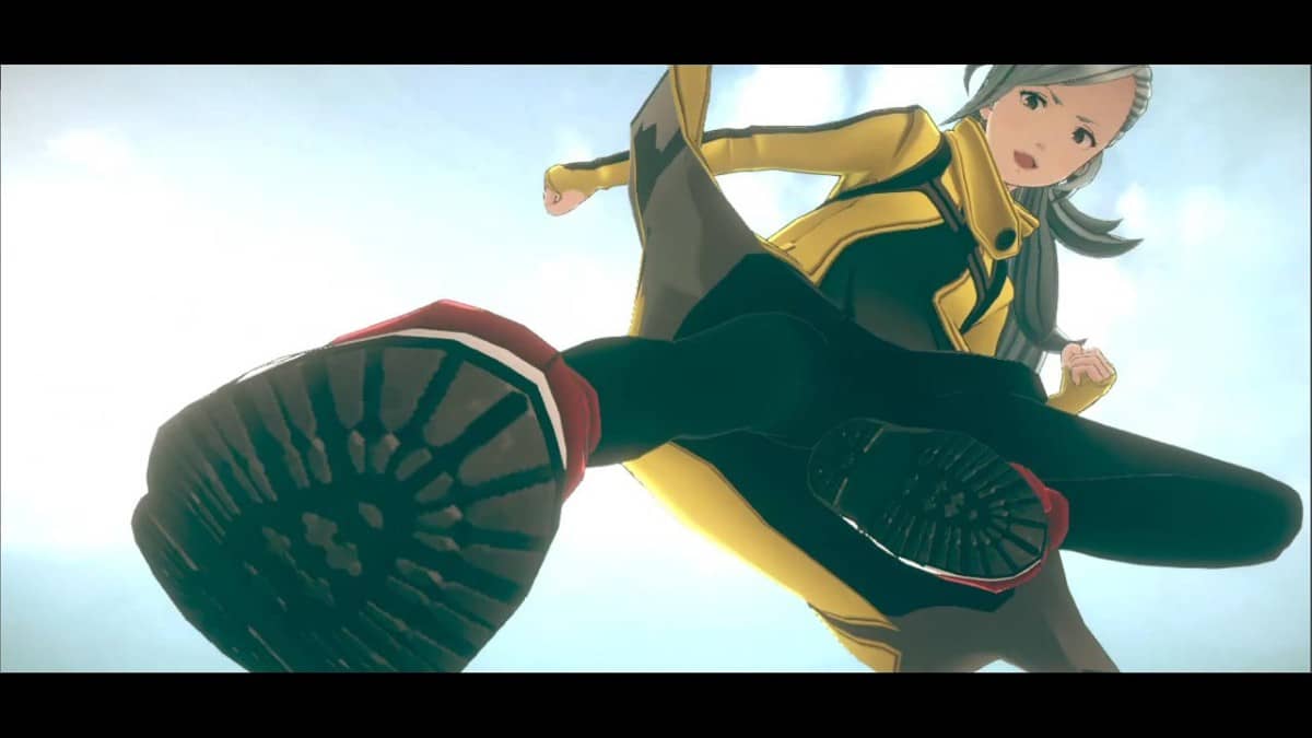 Kaname Date mid-air in No Sleep For Kaname Date, performing a dramatic flying kick during a dreamlike encounter.