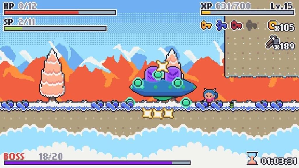 Epic boss battle against a flying alien saucer in Prehistoric Gal during our review playthrough.