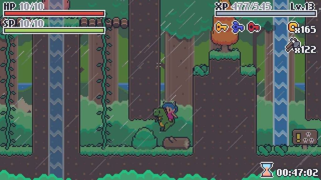 Dinosaur-assisted jump through a vine-covered forest in Prehistoric Gal gameplay review.
