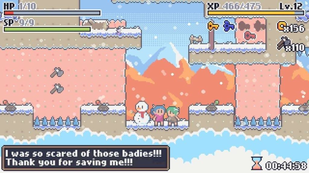 Meeting a hidden NPC behind a snowman in Prehistoric Gal’s snowy level during our review playthrough.