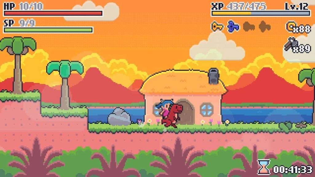 Standing outside a shop with your dinosaur companion in Prehistoric Gal during our review playthrough.