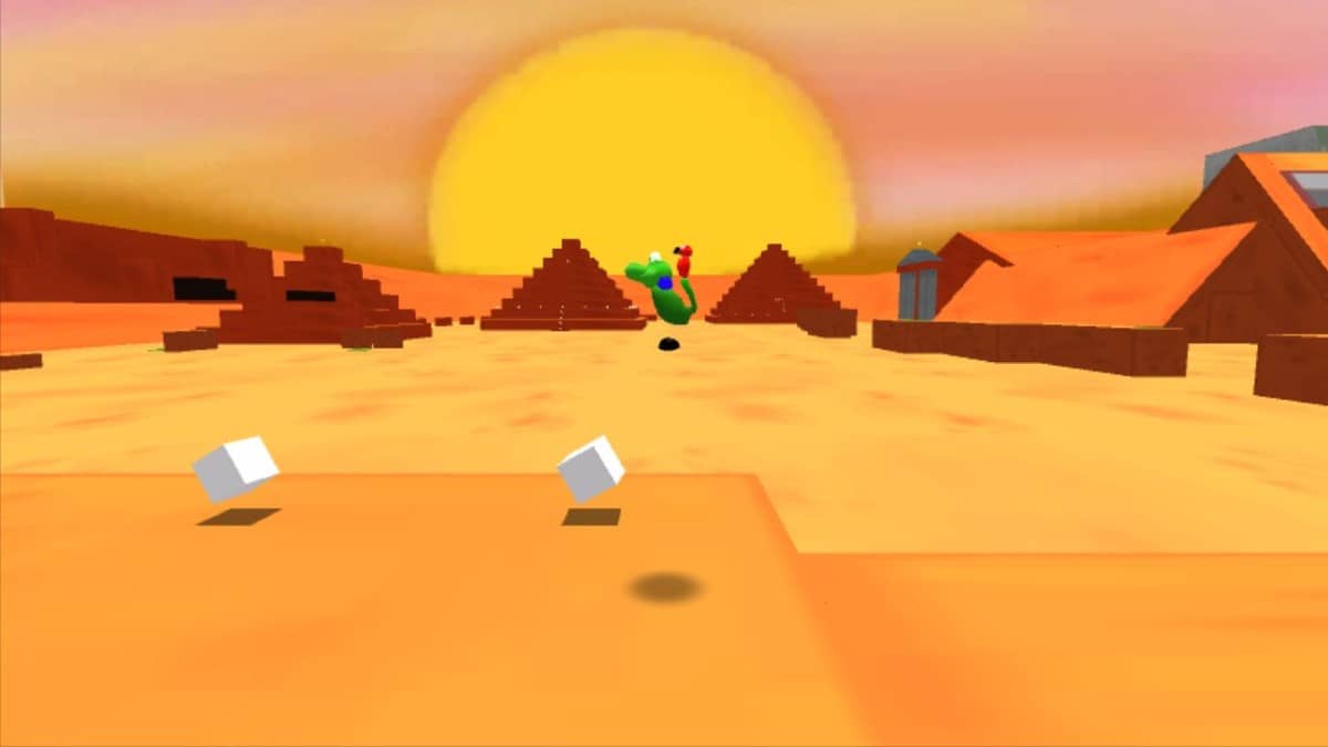 Regina and Mac leap across platforms at sunset with pyramids glowing behind them in this Egypt scene from Regina & Mac.