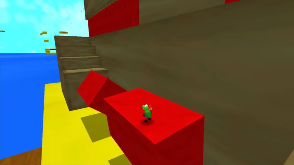 Regina and Mac climb a vibrant mountain path filled with rotating colored blocks and tricky platforms.