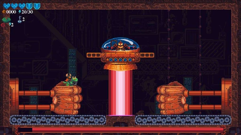 Boss fight with conveyor belts and ship scene in Rusty Rangers review.