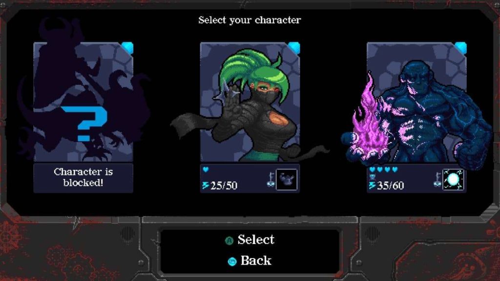 Character select screen showing stats and unlocks in Rusty Rangers review.