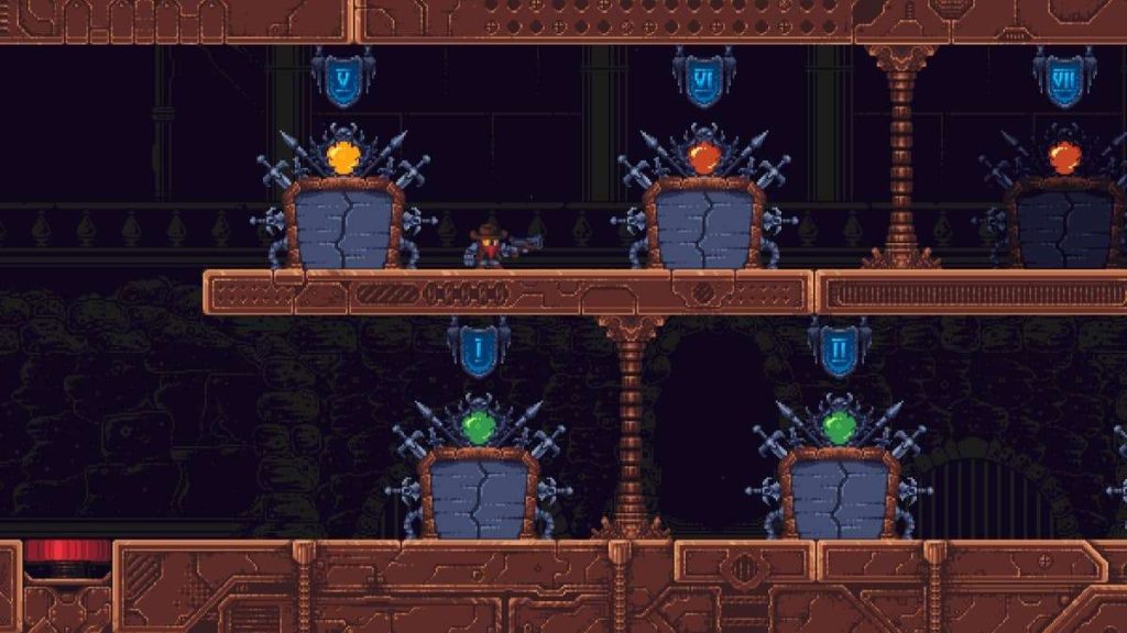 Hub world layout with level doors shown in Rusty Rangers review.