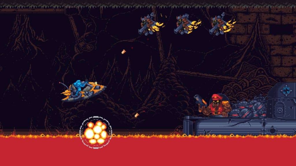 Lava jetski stage with enemy fire shown in Rusty Rangers review.