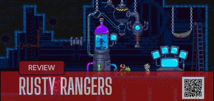 A wildly dressed Rusty Rangers character chats with a lab scientist beside a dinosaur in a key story moment.