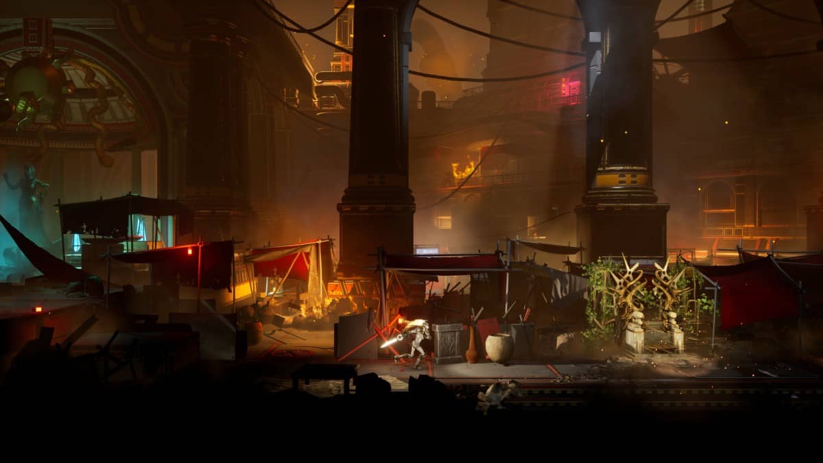 A central save point throned within the cluttered market sector of Somber Echoes’ starship setting.