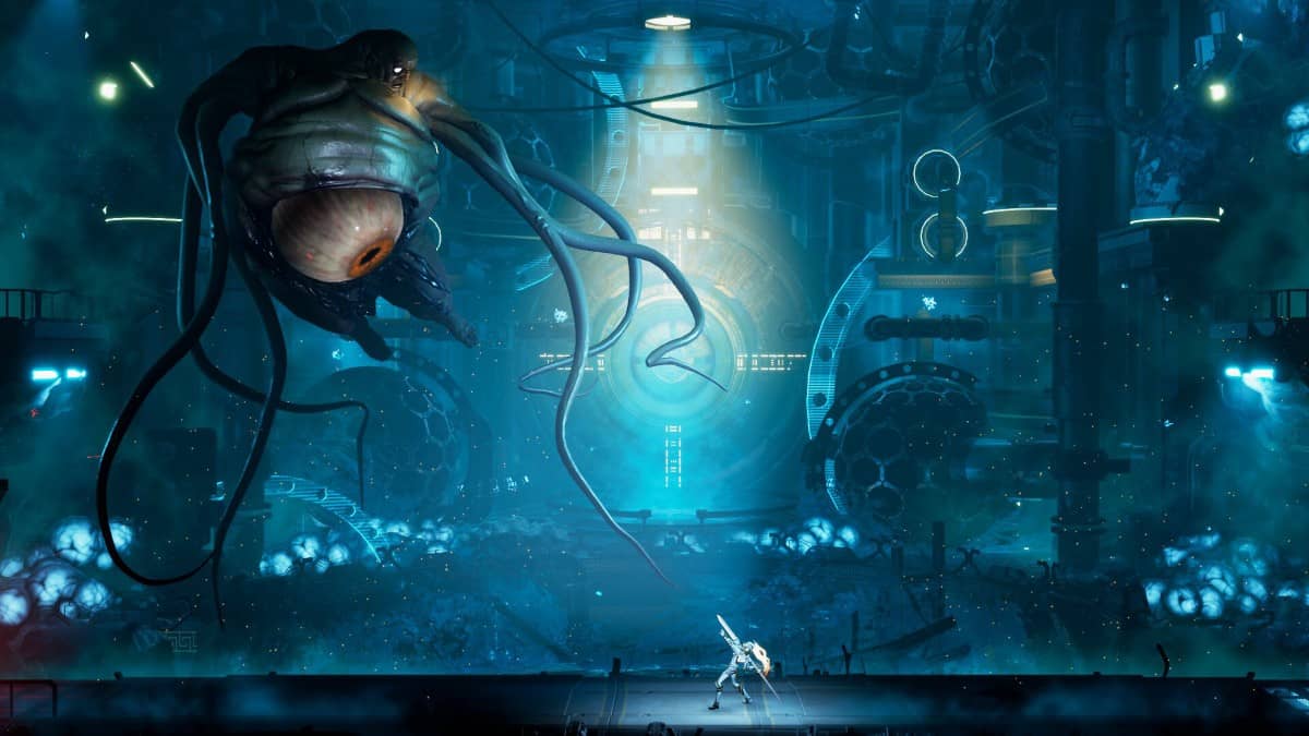 A grotesque mutated enemy with a belly-mounted eye from Somber Echoes, captured during an intense boss battle.