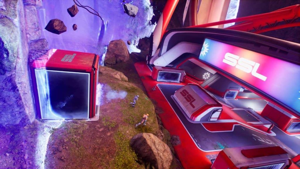 Blue zone closes in during Splitgate 2 battle royale review.
