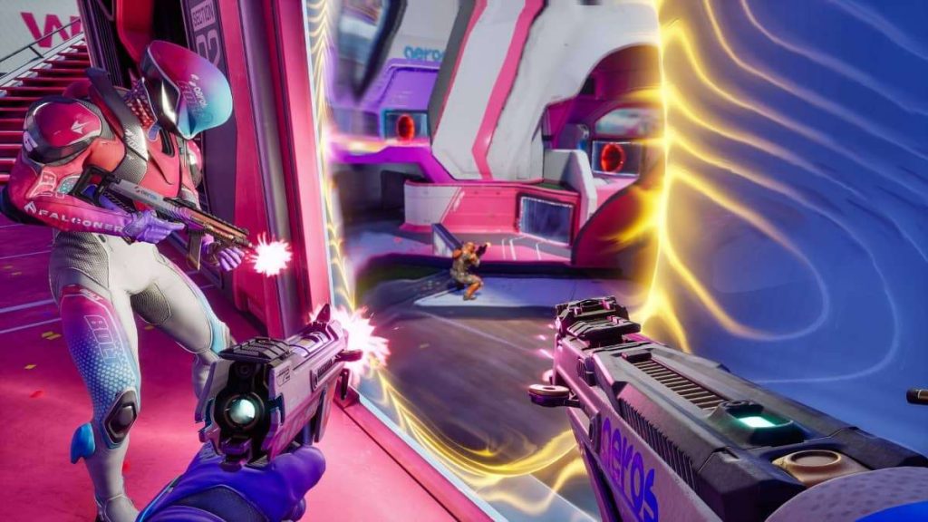Players shoot through a portal in Splitgate 2 multiplayer review.