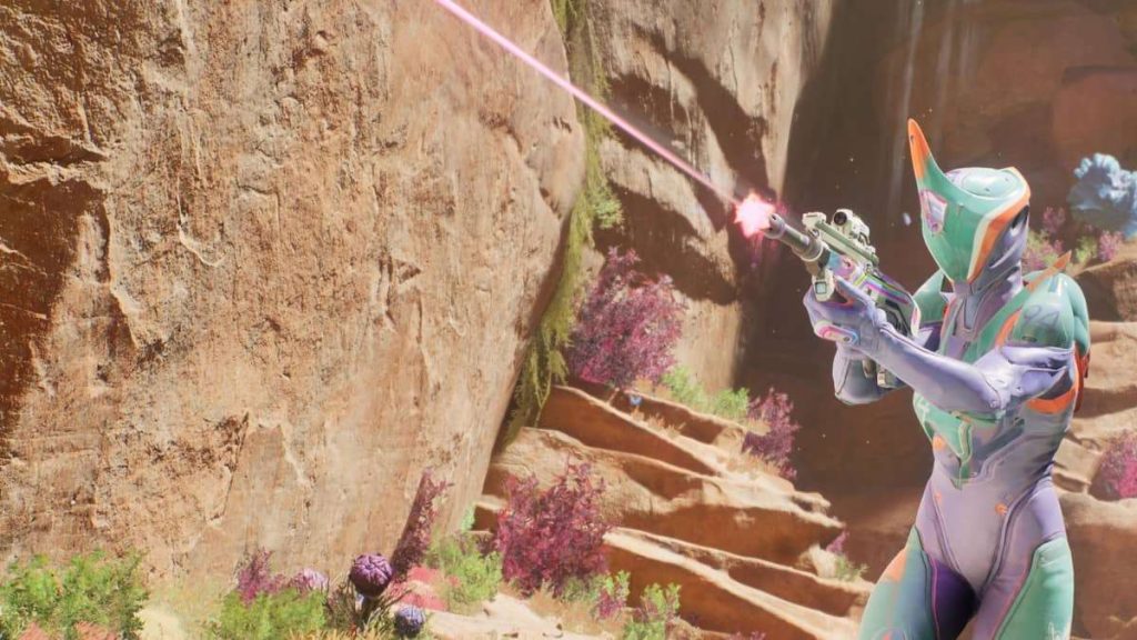 Close-up of rifle fire with bullet trails in Splitgate 2 review.