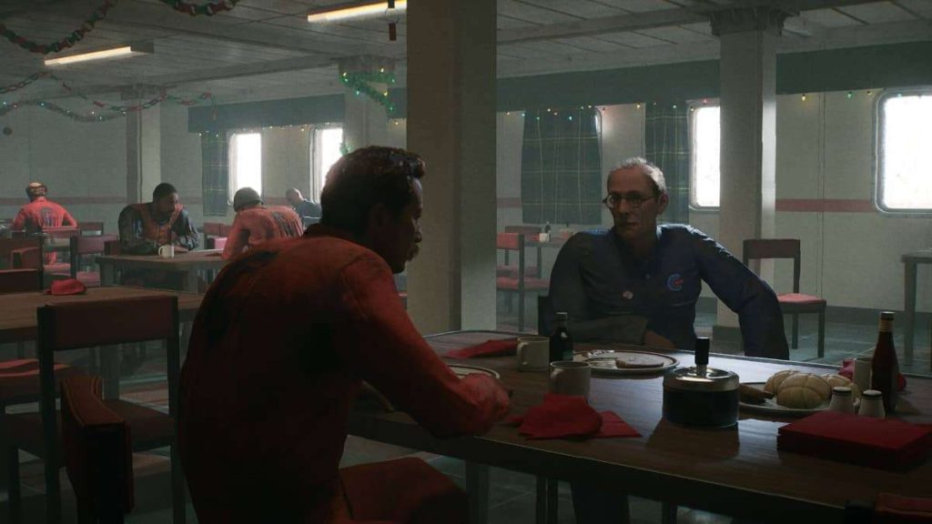Two workers talk quietly in the canteen before their shift, as shown in the review’s character moments.