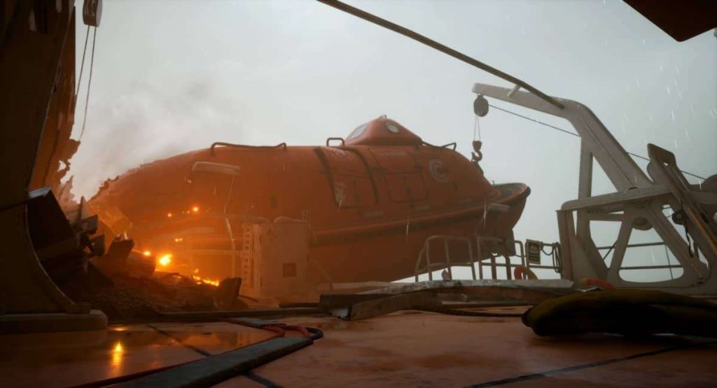 A lifeboat dangles by one hook as fire rages around it in this tense review moment.